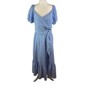 Sachin & Babi Blue Eyelet Maxi Dress Size 10 Puff Sleeve Belted Wedding Feminine